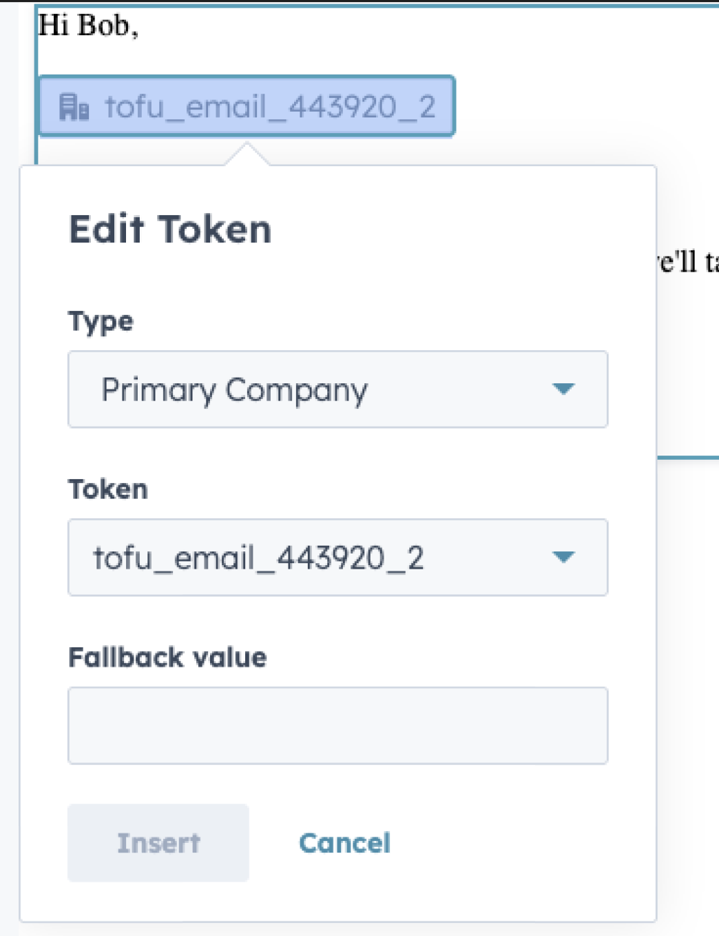 HubSpot Edit Token dialog showing Type, Token, and Fallback value fields for a Tofu email token