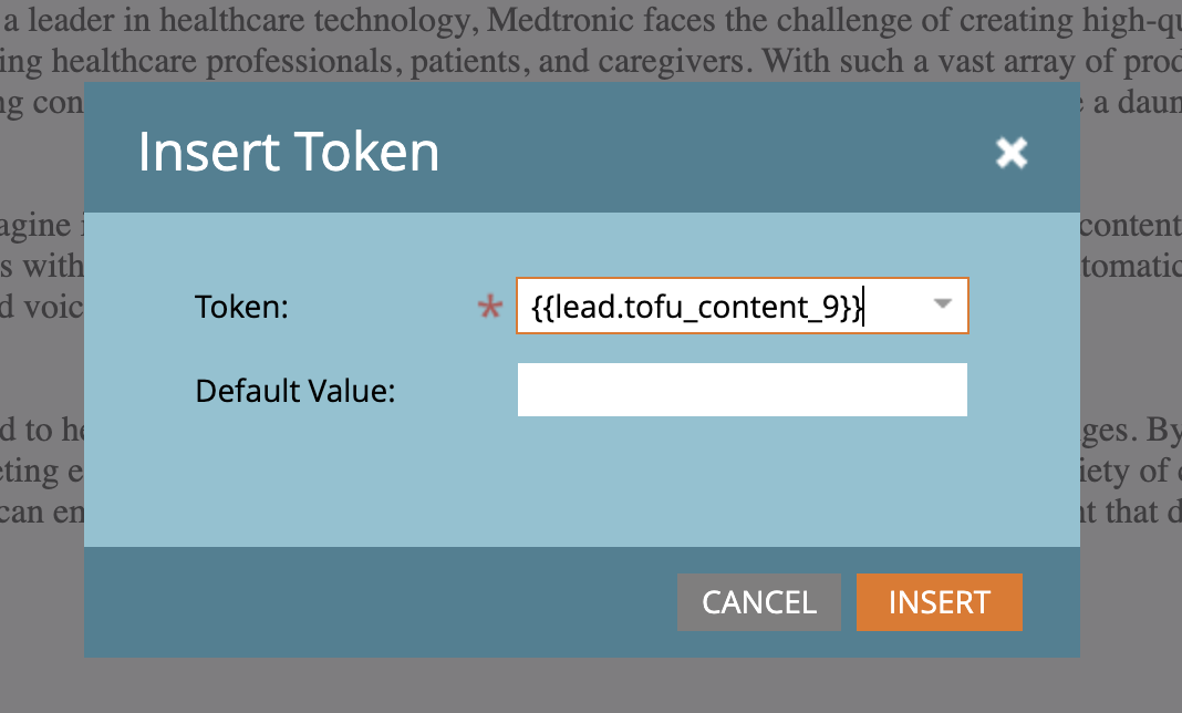 Marketo Insert Token dialog showing Token and Default Value fields