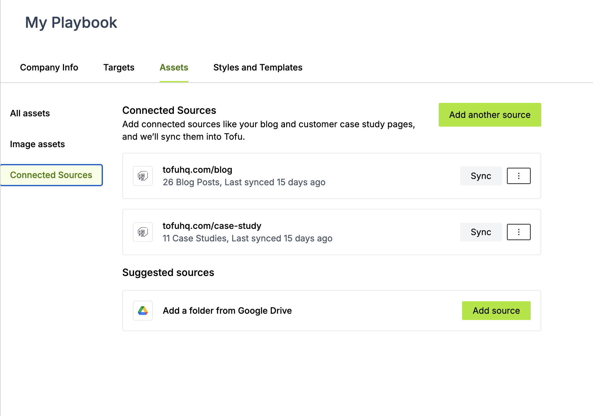 Connected Sources panel under Playbook Assets, with Google Drive listed under Suggested sources