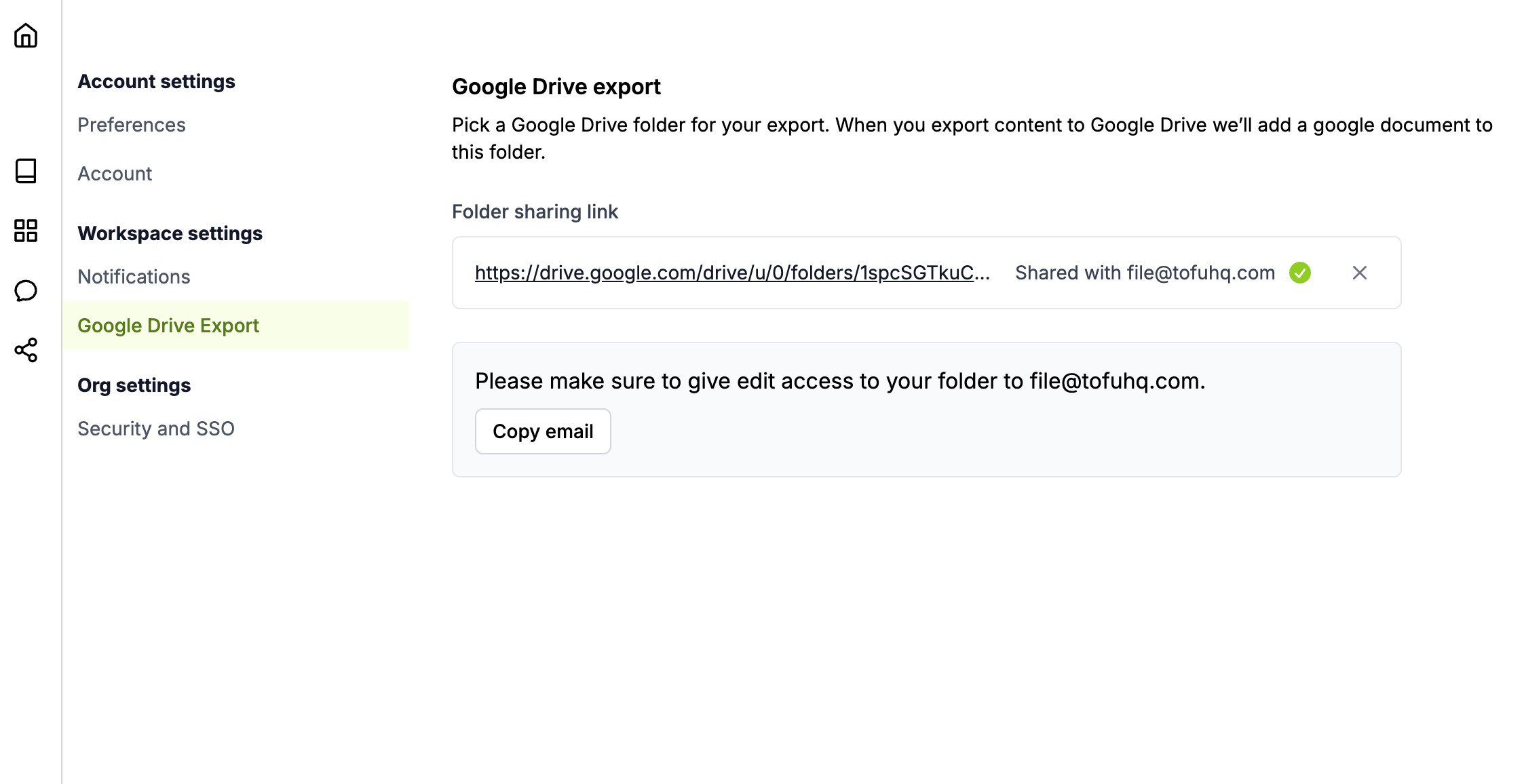 Google Drive Export settings panel showing a folder link successfully shared with file@tofuhq.com