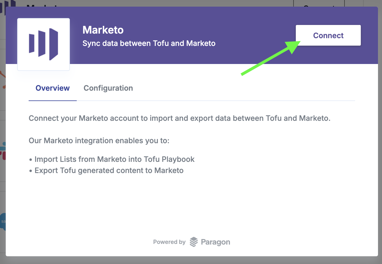 Marketo connect confirmation pop-up