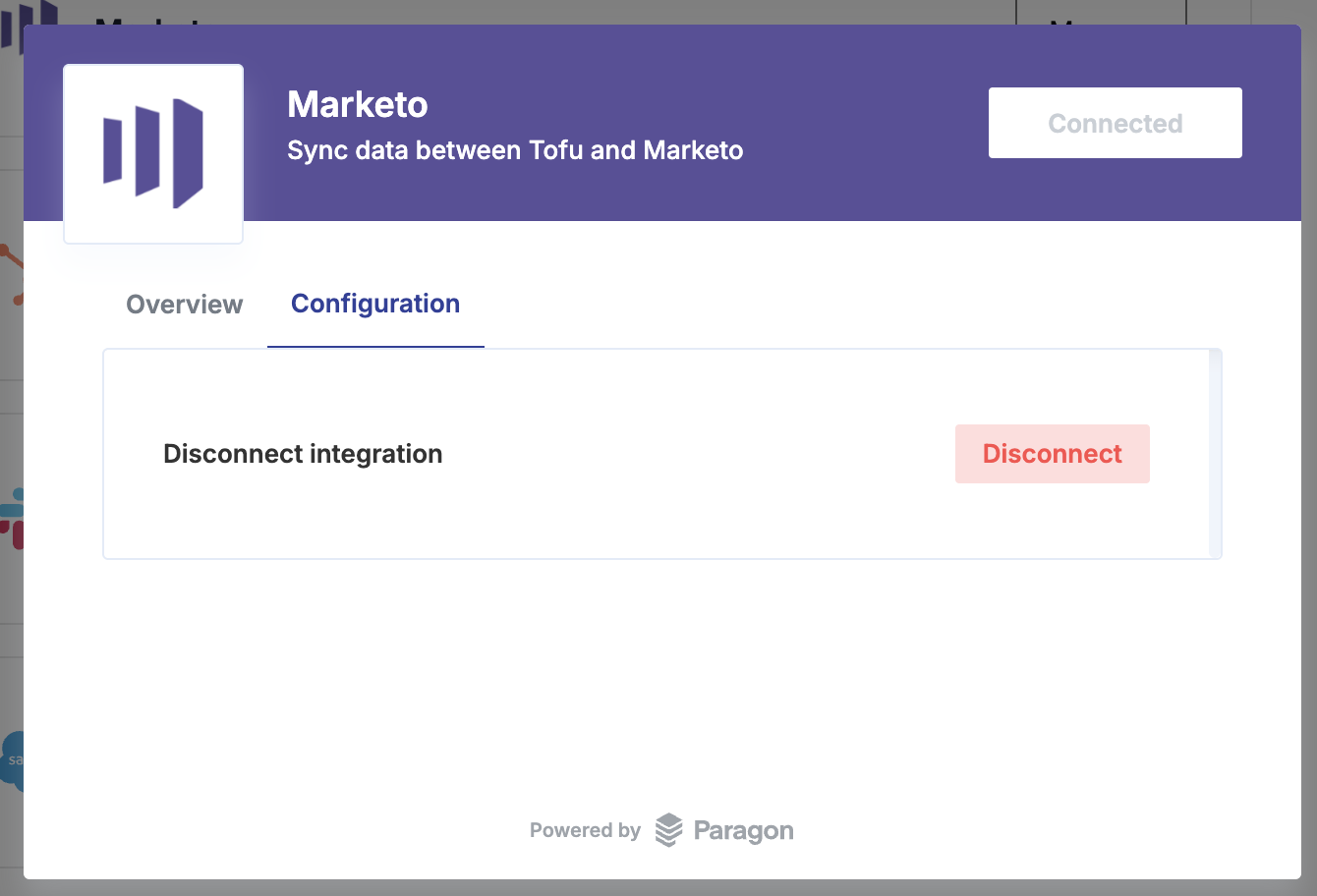 Marketo integration successfully connected in Tofu