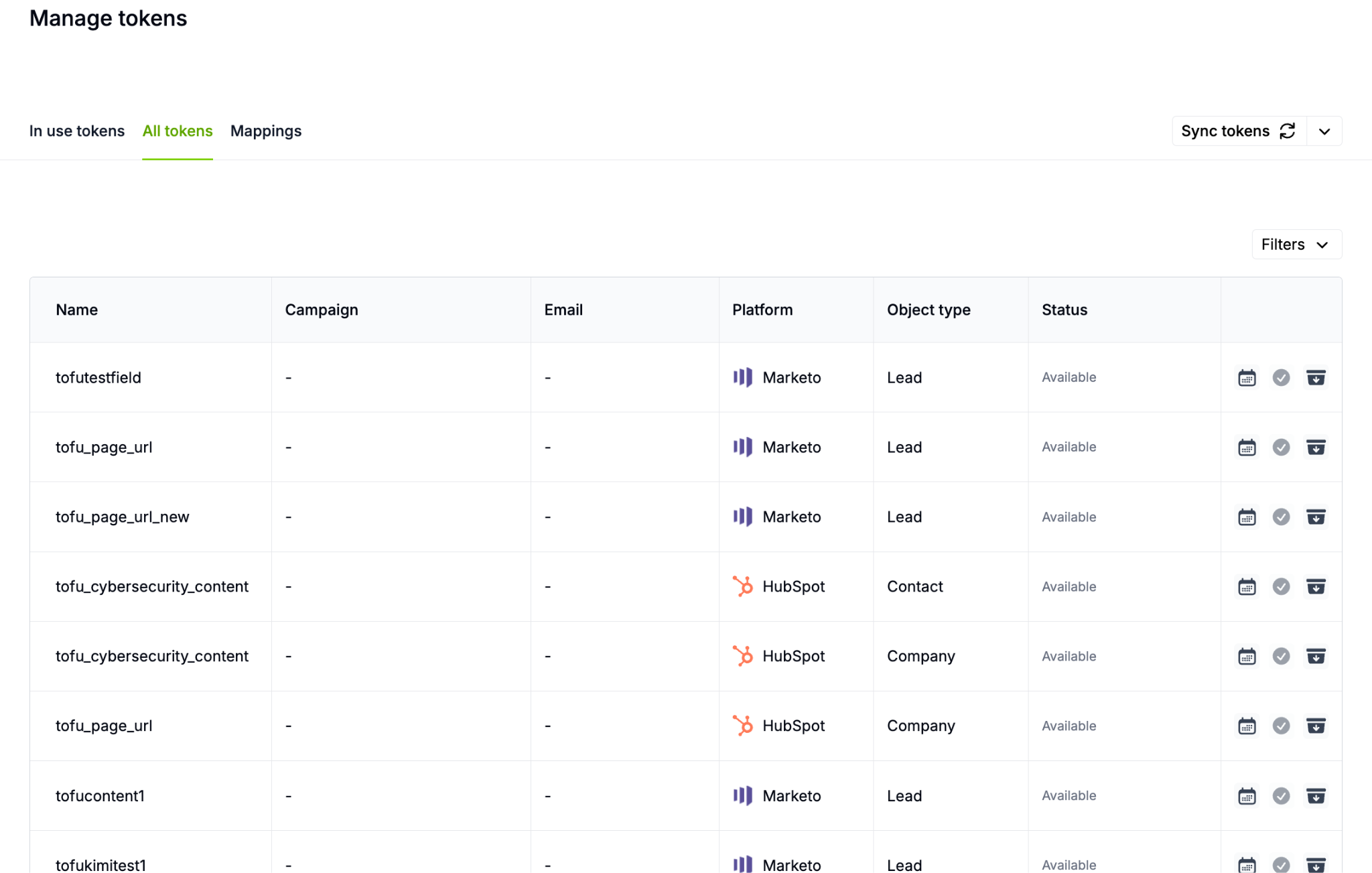 All Tokens comprehensive table view