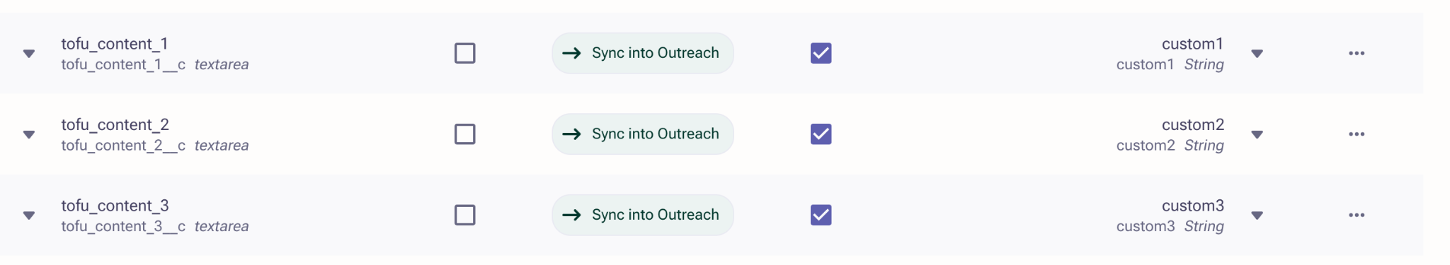 Outreach field mapping screen