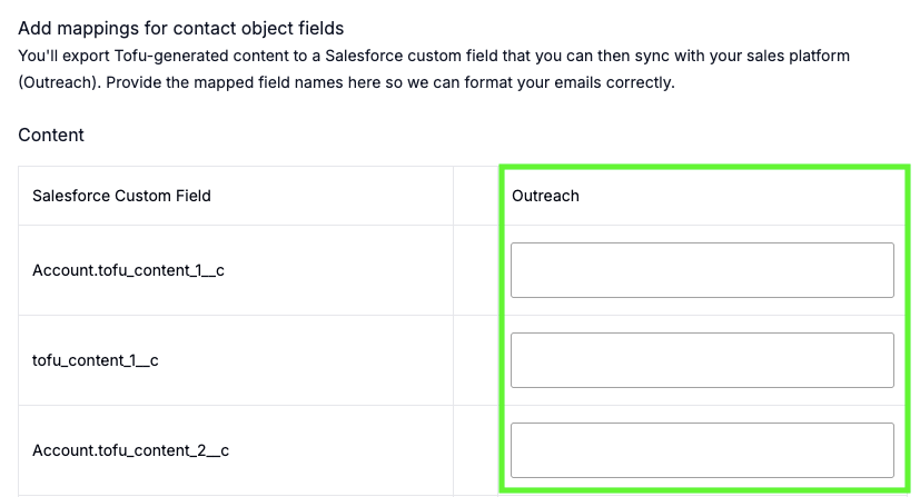 Field mapping table between Outreach and Salesforce